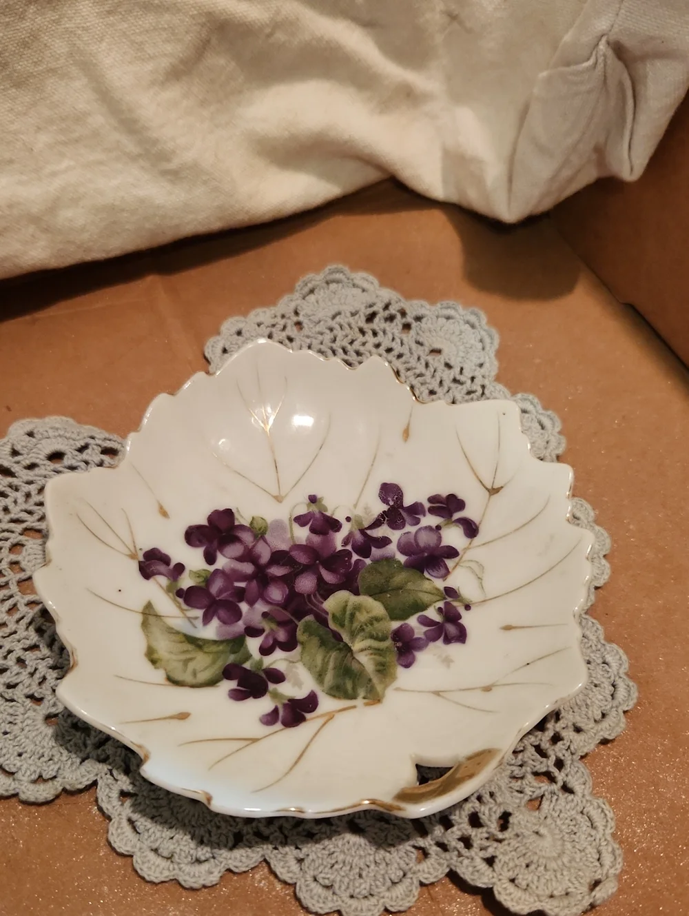 White Porcelain Decorative Dish Or Butter Pat with Purple Violet Floral Design
